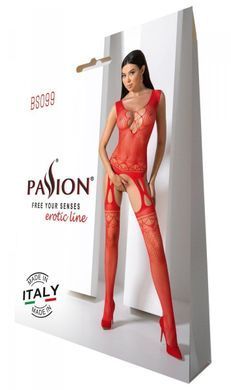 Бодистокинг с плетением на груди Passion BS099 One Size, red, открытый доступ, имитация подвязок SO8939 фото