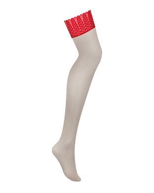 Чулки Obsessive Ingridia stockings XS/S, бежевые с красной резинкой SO9040 фото