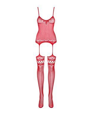 Бодистокинг Obsessive Bodystocking F214 red S/M/L, имитация корсета и чулок на подвязках SO7225 фото