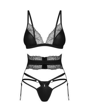 Комплект Obsessive Lobellis 3-pcs set, XS/S, чорний, ліф з м&rsquo;якою чашкою, стрінги, пояс для панчіх SX1017 фото