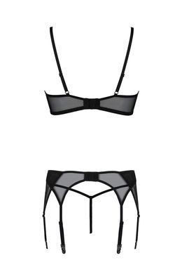 Комплект Passion LEAFA SET black, L/XL, кружево+сетка, бюстгальтер на косточках, стринги, пояс для чулок SX0509 фото