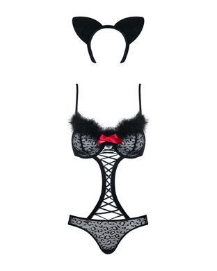 Эротический костюм гепарда Obsessive Gepardina 3 pcs costume L/XL, черный, меховая отделка, монокини SO7277 фото