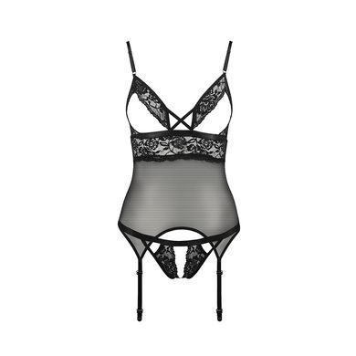 Корсет с открытой грудью Passion DIABOLINA CORSET L/XL, black, пажи, трусики, полупрозрачный PS25804 фото