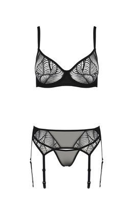 Комплект Passion LEAFA SET black S/M, мереживо+сітка, бюстгальтер на кісточках, стрінги, пояс для панчіх SX0510 фото