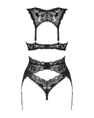 Комплект білизни Obsessive Donna Dream 3-pcs set XL/2XL Black, бюстгальтер, стрінги, пояс для панчіх SO8638 фото