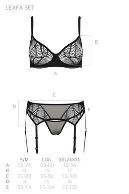 Комплект Passion LEAFA SET black, XXL/XXXL, кружево+сетка, бюстгальтер на косточках, стринги, пояс для чулок SX0511 фото