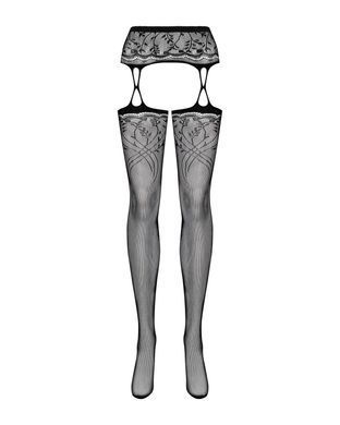 Панчохи-стокінги з рослинним малюнком Obsessive Garter stockings S206 black S/M/L чорні, імітація га SO7265 фото