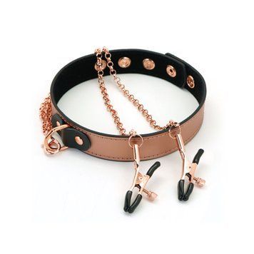 Ошейник с зажимами для сосков Liebe Seele Rose Gold Memory Collar with Nipple Clamps, кожа SO9495 фото