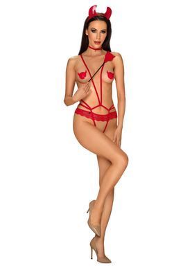 (SALE) Эротический костюм чертика из стреп Obsessive Evilia teddy red L/XL, боди, чокер, накладки на соски, SO7707 фото