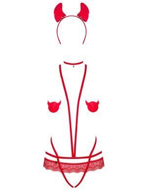 (SALE) Эротический костюм чертика из стреп Obsessive Evilia teddy red L/XL, боди, чокер, накладки на соски, SO7707 фото