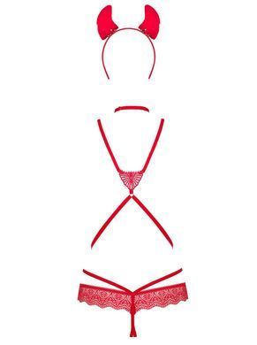 (SALE) Эротический костюм чертика из стреп Obsessive Evilia teddy red L/XL, боди, чокер, накладки на соски, SO7707 фото
