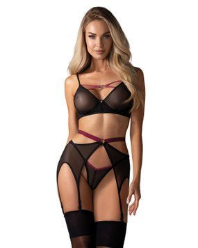 Комплект Obsessive Novenes 3-pcs set, M/L, прозрачный лиф на косточках, стринги, пояс SX0617 фото