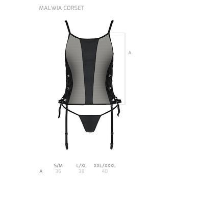 Сетчатый корсет с люверсами и съемными пажами Passion MALWIA CORSET S/M, black, эко-кожа, стринги SO5766 фото
