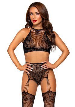Еротичний комплект Leg Avenue Crop top and garter panty Black, топ, трусики з доступом, панчохи SO9156 фото