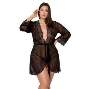 Пеньюар Passion AMBERLY PEIGNOIR 4XL/5XL, black, ажурні декольте та манжети, широкі рукави SO7053 фото