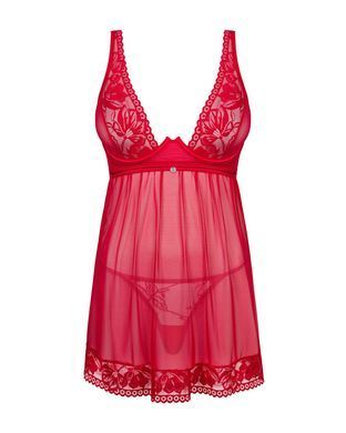 Прозора сорочка бебі-дол Obsessive Lacelove babydoll & thong XL/2XL Red, мереживо, стрінги SO8648 фото