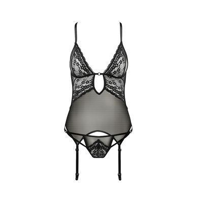 Корсет з декольте Passion ERZA CORSET L/XL, black, пажі, трусики, напівпрозорий PS26007 фото