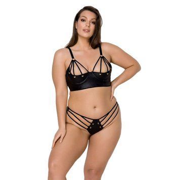 Комплект з екошкіри Passion MALWIA BIKINI 6XL/7XL black, з люверсами та ремінцями, бра, трусики SO7097 фото