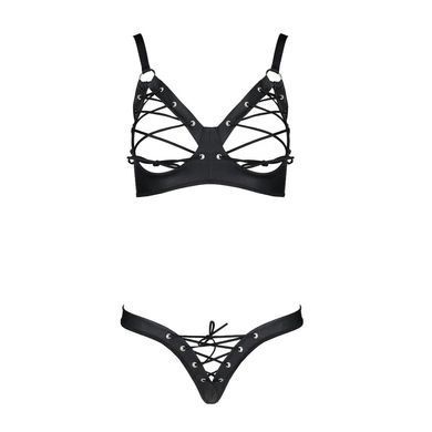 Комплект из экокожи Passion CELINE BIKINI 4XL/5XL black, открытый бра, стринги со шнуровкой SO7057 фото
