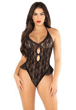 Боди Leg Avenue Lace Floral Lace Halter Teddy with Flutter Accent One Size, Black SX1755 фото