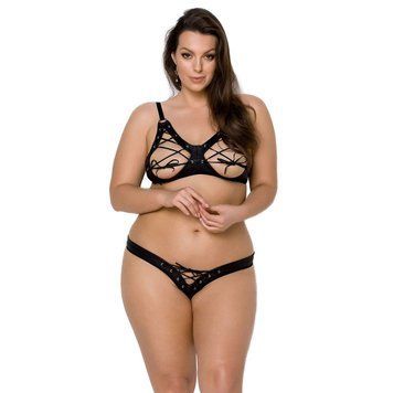 Комплект з екошкіри Passion CELINE BIKINI 6XL/7XL black, відкритий бра, стрінги зі шнурівкою SO7058 фото