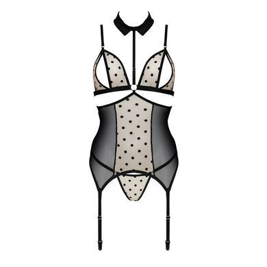Корсет з відкритими грудьми Passion DOMINICA CORSET S/M beige, пажі для панчіх, стрінги SO8431 фото