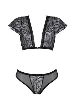 Комплект Passion LEAFA BIKINI black S/M, бюстгальтер-топ с рукавчиками, стринги-шортики с вырезом SX0498 фото