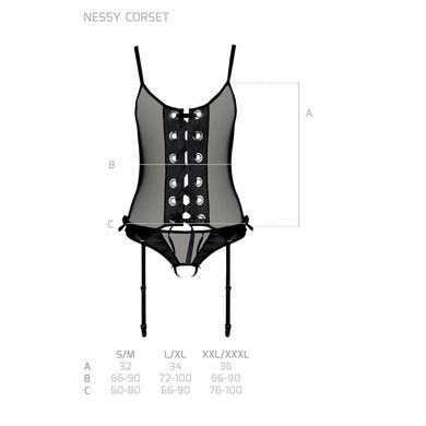 Корсет зі шнурівкою Passion NESSY CORSET S/M black, стрінги з відкритим доступом, пажі для панчіх SO8455 фото