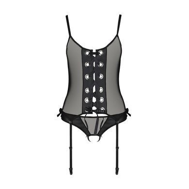 Корсет зі шнурівкою Passion NESSY CORSET S/M black, стрінги з відкритим доступом, пажі для панчіх SO8455 фото