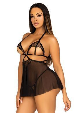 Сорочка бебі-дол з відкритими чашками Leg Avenue Lace and mesh babydoll & panty Black S, стрінги SO9163 фото