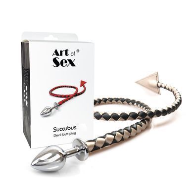 Металлическая анальная пробка L с дьявольским хвостом Art of Sex - Succubus, экокожа, черный/золото SO9984 фото