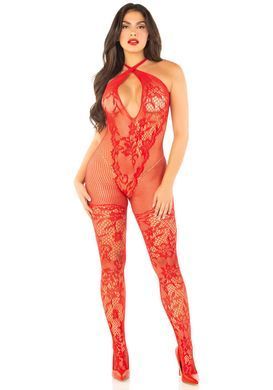 Бодистокинг Leg Avenue Seamless Net and Lace Lingerie Jumpsuit One Size, Red SX1758 фото
