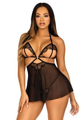 Сорочка бебі-дол з відкритими чашками Leg Avenue Lace and mesh babydoll & panty Black L, стринги SO9165 фото