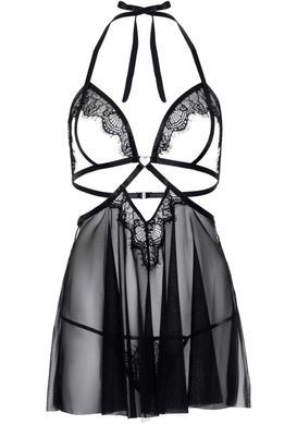 Сорочка бебі-дол з відкритими чашками Leg Avenue Lace and mesh babydoll & panty Black L, стринги SO9165 фото
