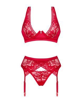 Комплект білизни Obsessive Lacelove cupless 3-pcs set XL/2XL Red, бюстгальтер, стрінги, пояс для панчіх SO8657 фото