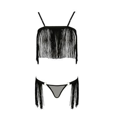 Комплект білизни Passion Exclusive KASSANDRA SET OpenBra L/XL black, ліф з бахроми, трусики-спідниця PS26301 фото