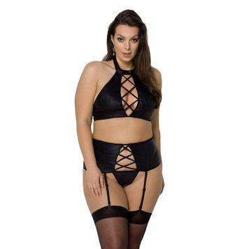 Комплект з екошкіри Passion NANCY SET 4XL/5XL black, імітація шнурівки, топ, пояс для панчіх SO7106 фото