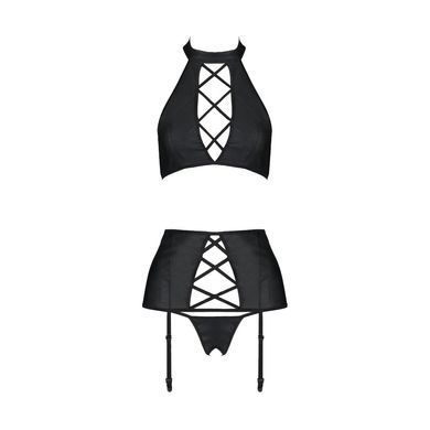 Комплект з екошкіри Passion NANCY SET 4XL/5XL black, імітація шнурівки, топ, пояс для панчіх SO7106 фото