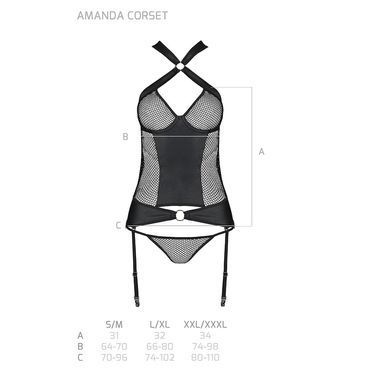 Сітчастий комплект корсет з халтером, зйомні підв'язки і трусики Passion AMANDA CORSET 2XL/3XL black SO5320 фото