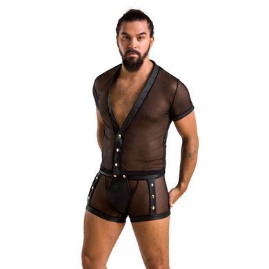 Комплект сетчатого мужского белья Passion 052 SET MICHAEL XXL/XXXL black, рубашка, боксеры, заклепки SO7626 фото