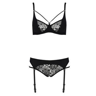 Комплект белья Passion PAULINE SET S/M, black, стрэпы, лиф, стринги и пояс для чулок EL15805 фото