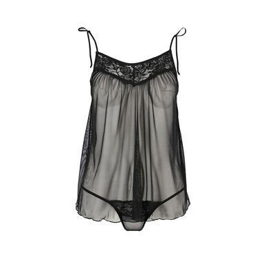 Сорочка прозрачная беби-долл Passion MELANIA CHEMISE L/XL, black, трусики, на тонких бретелях EL16304 фото