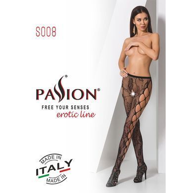 Еротичні колготки-бодістокінг Passion S008 black, ажурні колготки з вирізом та лампасами-сіткою PSS008B фото