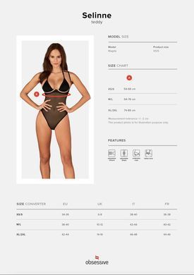 Прозрачное боди Obsessive Selinne teddy XL/2XL Black, мелкая сетка, двойные бретели SO8666 фото