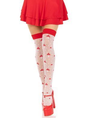 Чулки Leg Avenue Polka Dot Mushroom Thigh Highs, One Size, бело-красные, на резинке, рисунок &mdash; грибы SX1044 фото