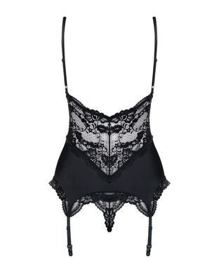 Сатиновий мереживний корсет Obsessive 810-COR-1 babydoll & thong S/M, чорний, корсет, танга SO7156 фото