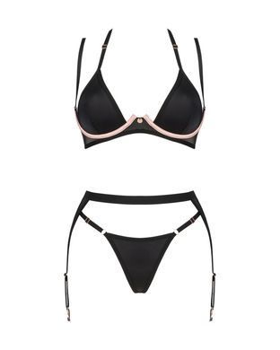 (SALE) Комплект білизни Obsessive Selinne 3-pcs set XS/S Black, бюстгальтер, стрінги пояс для панчіх SO8667 фото