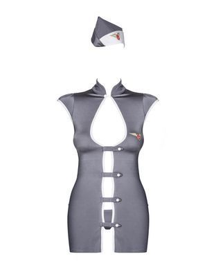 Эротический костюм стюардессы Obsessive Stewardess 3 pcs grey L/XL, серый, платье, стринги, пилотка SO7309 фото
