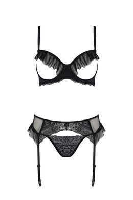 Комплект Passion KERRIA SET WITH OPEN BRA black, L/XL, бюстгальтер с открытой чашкой, стринги, пояс для чулок SX0494 фото