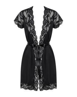 Сатиновий відкритий пеньюар на поясі Obsessive 810-PEI&ndash;1 peignoir black 2XL/3XL, чорний SO7162 фото